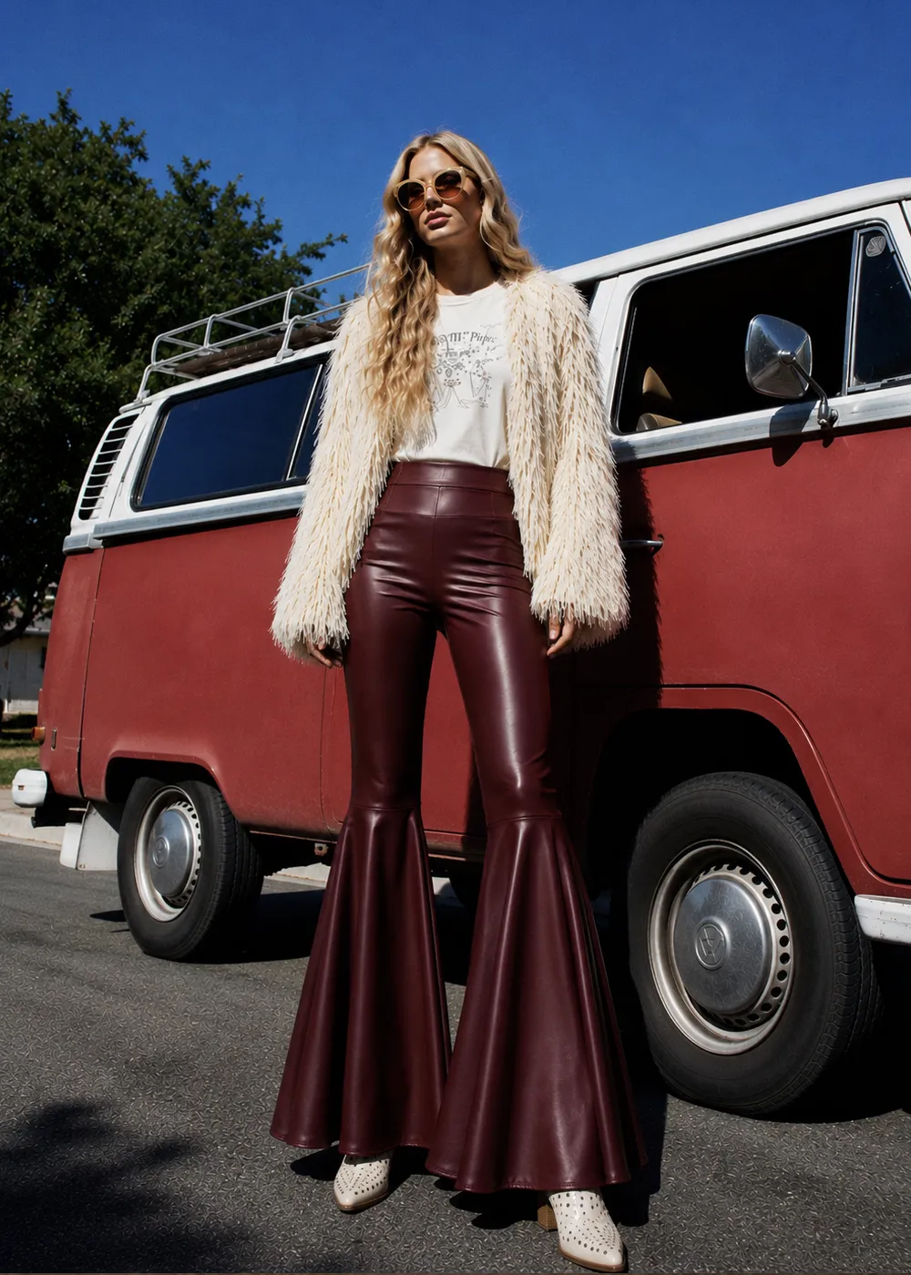 Burgundy Faux Leather Bell Bottom Flare Pants sold by Pretty Attitude product image thumbnail 3
