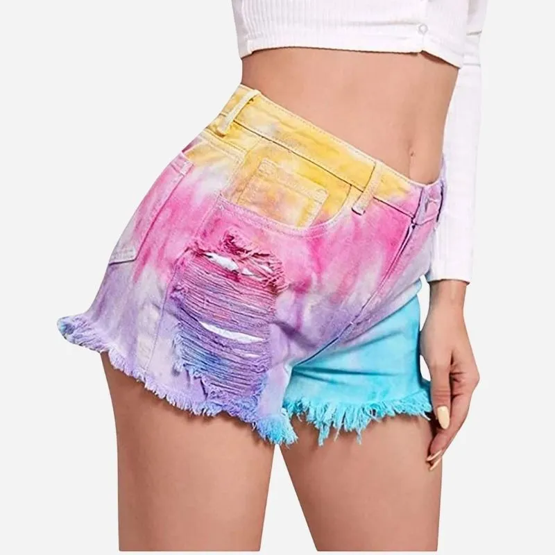 Women's Tie-dye Denim Jean Shorts High Waisted Raw Hem Stretchy Ripped Shorts sold by Good American Jeans
