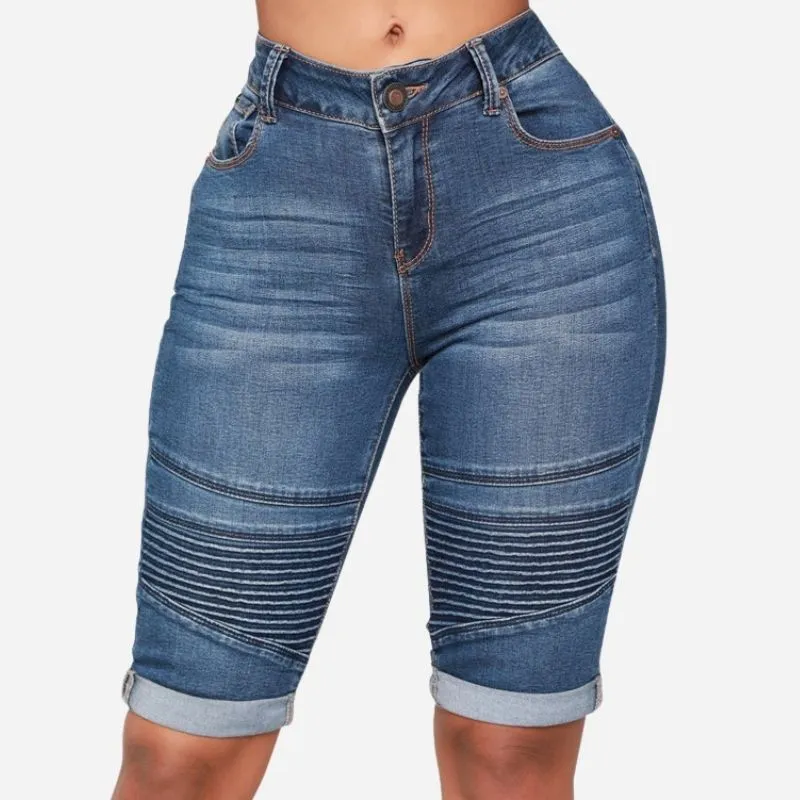 Women’s Biker Stretch Denim Knee Length Shorts Moto-inspired Ribbed Jeans sold by Good American Jeans