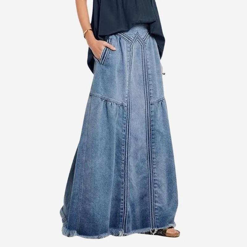 Women’s Retro A-Line Maxi Denim Skirt – Elastic High Waist Jean Skirt with Frayed Hem sold by Good American Jeans