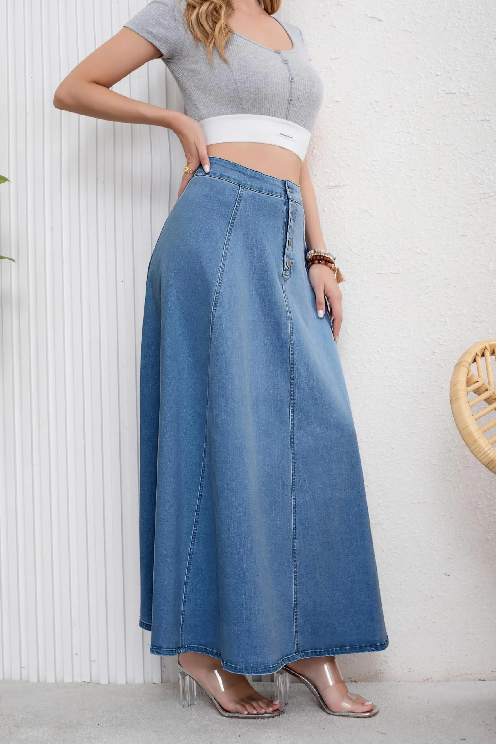 Women’s High Waist Button Fly A-Line Flared Long Denim Maxi Skirt sold by Good American Jeans product image thumbnail 5