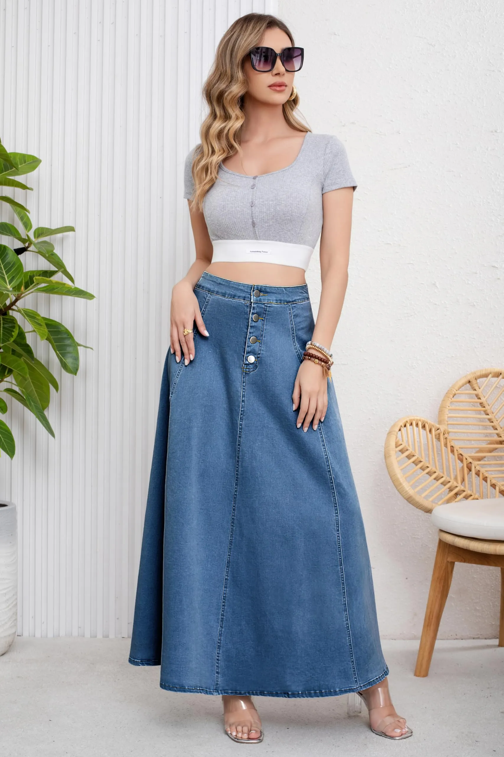 Women’s High Waist Button Fly A-Line Flared Long Denim Maxi Skirt sold by Good American Jeans product image thumbnail 3