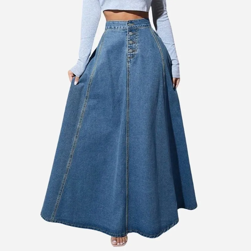 Women’s High Waist Button Fly A-Line Flared Long Denim Maxi Skirt sold by Good American Jeans