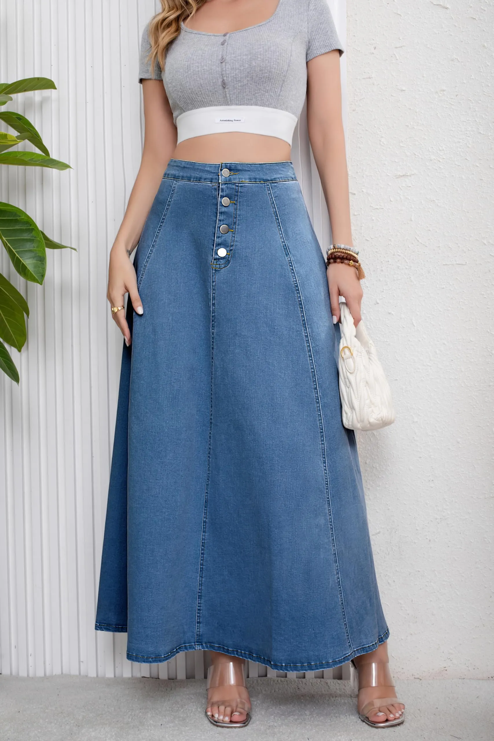 Women’s High Waist Button Fly A-Line Flared Long Denim Maxi Skirt sold by Good American Jeans product image thumbnail 4