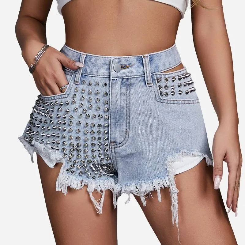 Women’s Studded & Rhinestone Denim Shorts Sexy Mid Rise Streetwear Jean Shorts sold by Good American Jeans