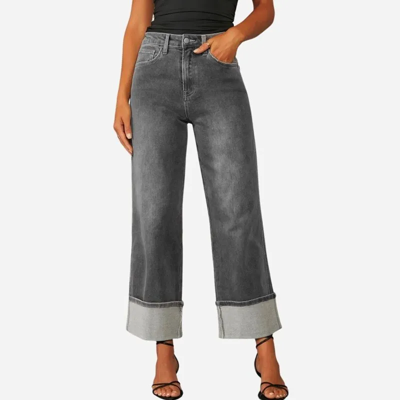 Women’s High Waisted Straight Wide Leg Cuffed Jeans Palazzo Baggy Denim Pants sold by Good American Jeans