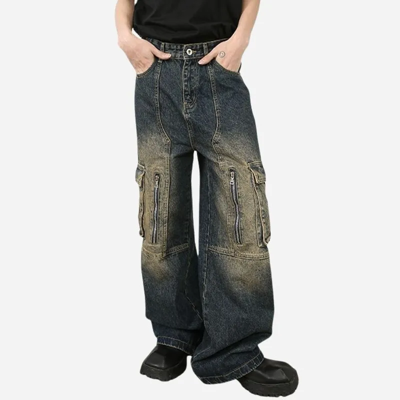 Men’s Multi-Pocket Cargo Jeans Y2K Streetwear Baggy Wide Leg Denim Trousers sold by Good American Jeans