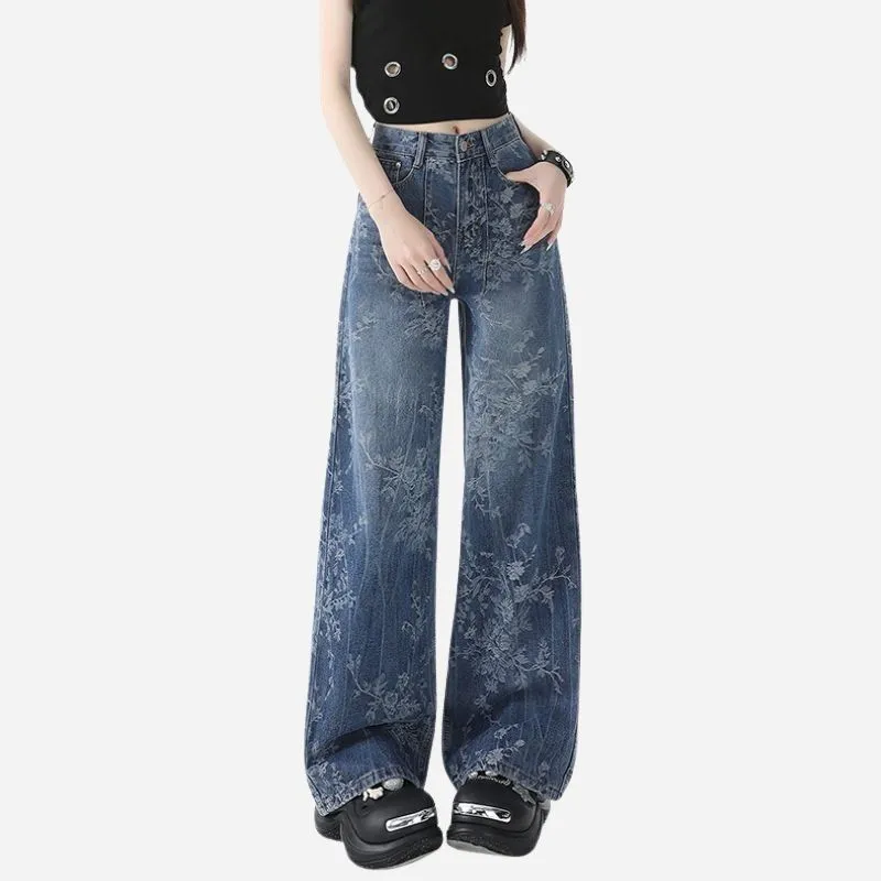 Women’s Floral Print High Waisted Wide Leg Jeans Straight Palazzo Denim Pants sold by Good American Jeans
