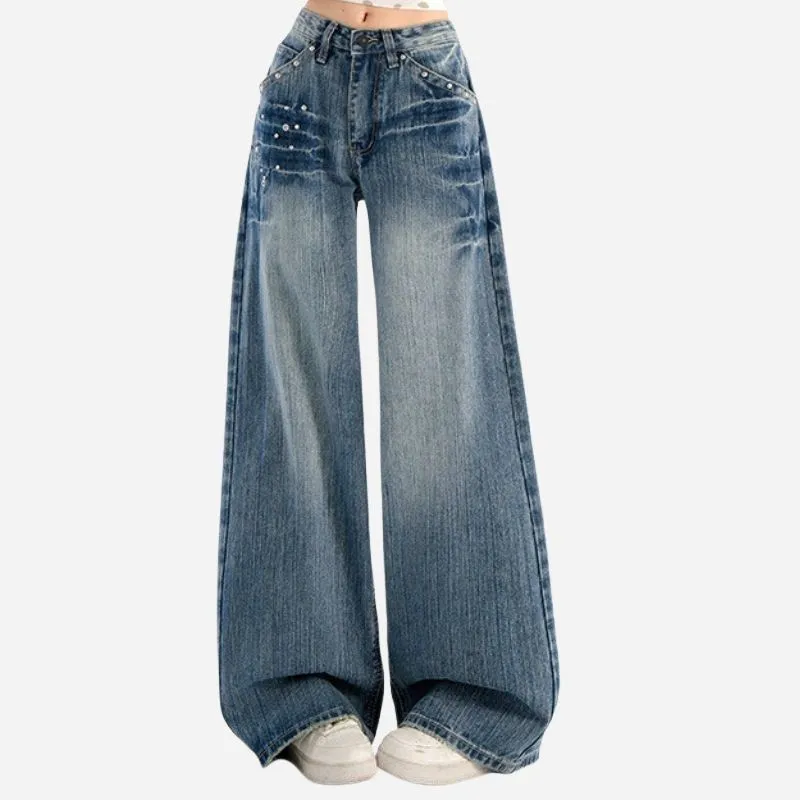 Studded Jeans Women High Waisted Straight Wide Leg Baggy Denim Trousers made by Good American Jeans