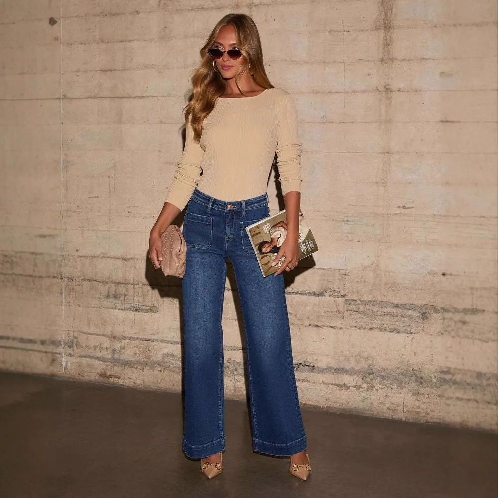 Women's Straight Leg Denim High Waist Baggy Palazzo Jeans with Front Pockets sold by Good American Jeans product image thumbnail 3