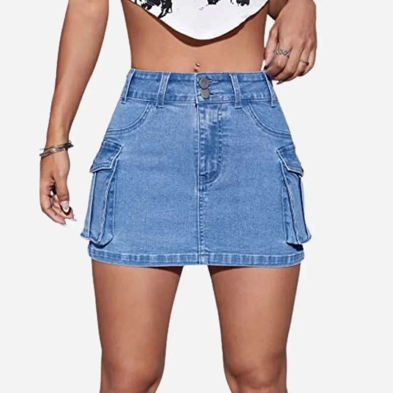 Women’s Cargo Denim Mini Skirt – Low Waist Button Front Bodycon Y2K Style sold by Good American Jeans