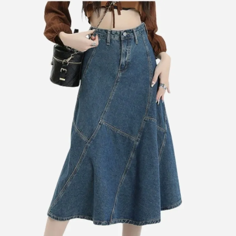 Women’s Denim Skirt High Waist A-Line Ruffle Hem Midi Jean Skirt sold by Good American Jeans