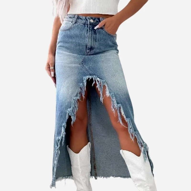 Women’s High Waisted Slit Denim Midi Skirt Frayed A-Line Jean Skirt sold by Good American Jeans