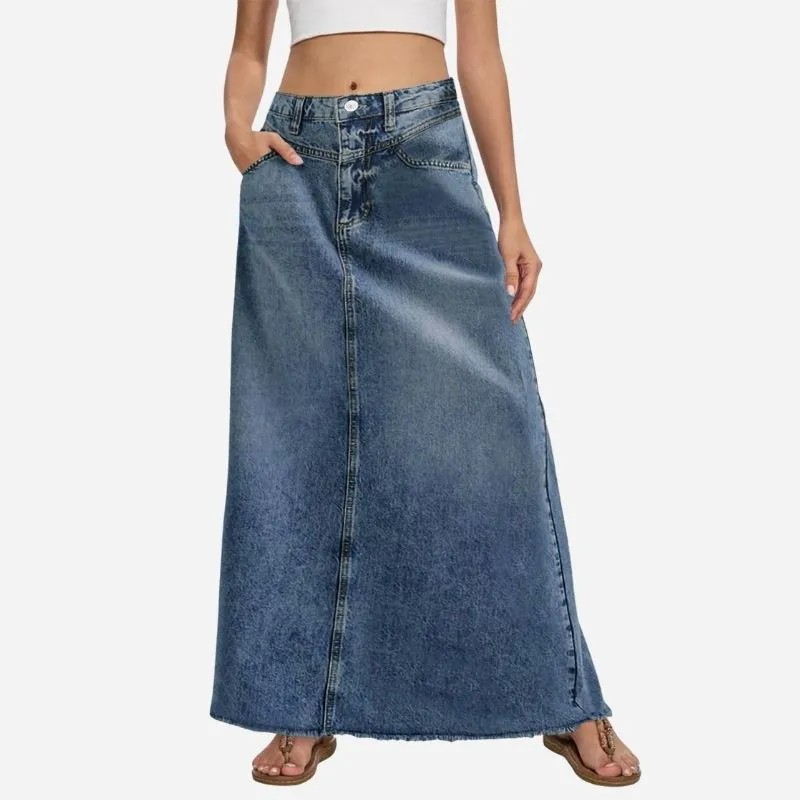 Long Denim Skirts for Women Maxi High Waist A-line Flare Jean Skirt sold by Good American Jeans