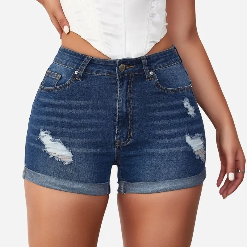 Women Ripped Denim Shorts High Waisted Folded Hem Jean Shorts sold by Good American Jeans