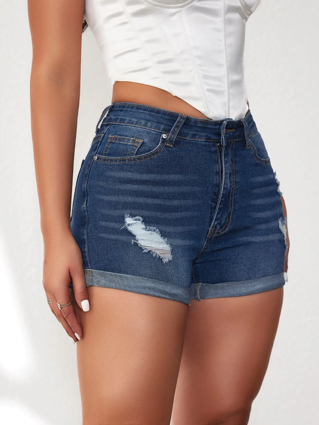 Women Ripped Denim Shorts High Waisted Folded Hem Jean Shorts sold by Good American Jeans product image thumbnail 4