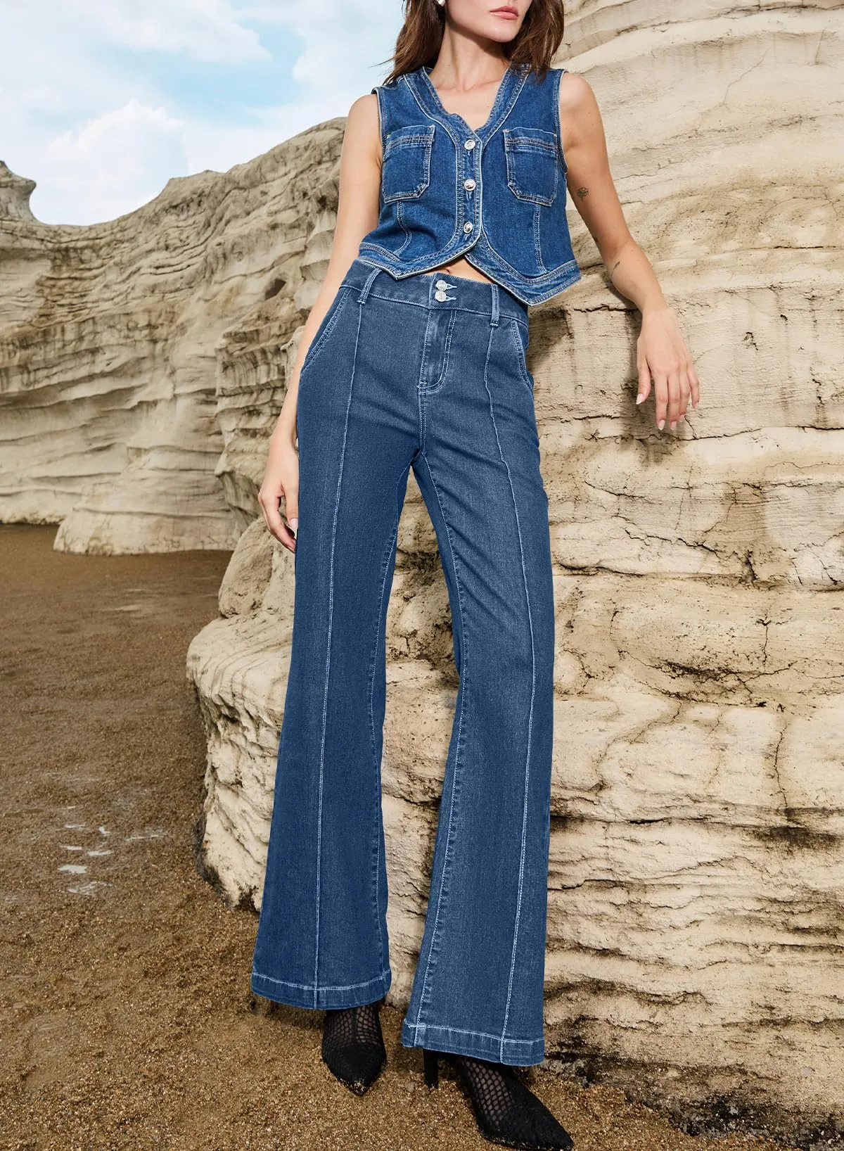 Women's Wide Leg Flare Jeans High Waisted Stretch Baggy Denim Pants sold by Good American Jeans product image thumbnail 3