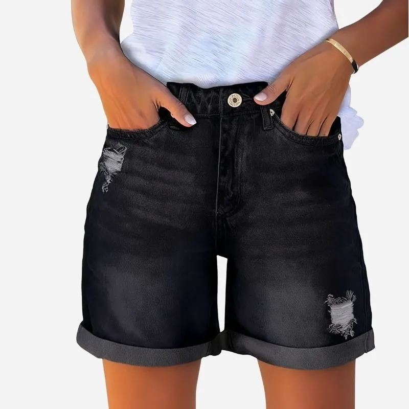 Women's Ripped Denim Shorts High Rise Distressed Rolled Hem Jeans Shorts sold by Good American Jeans