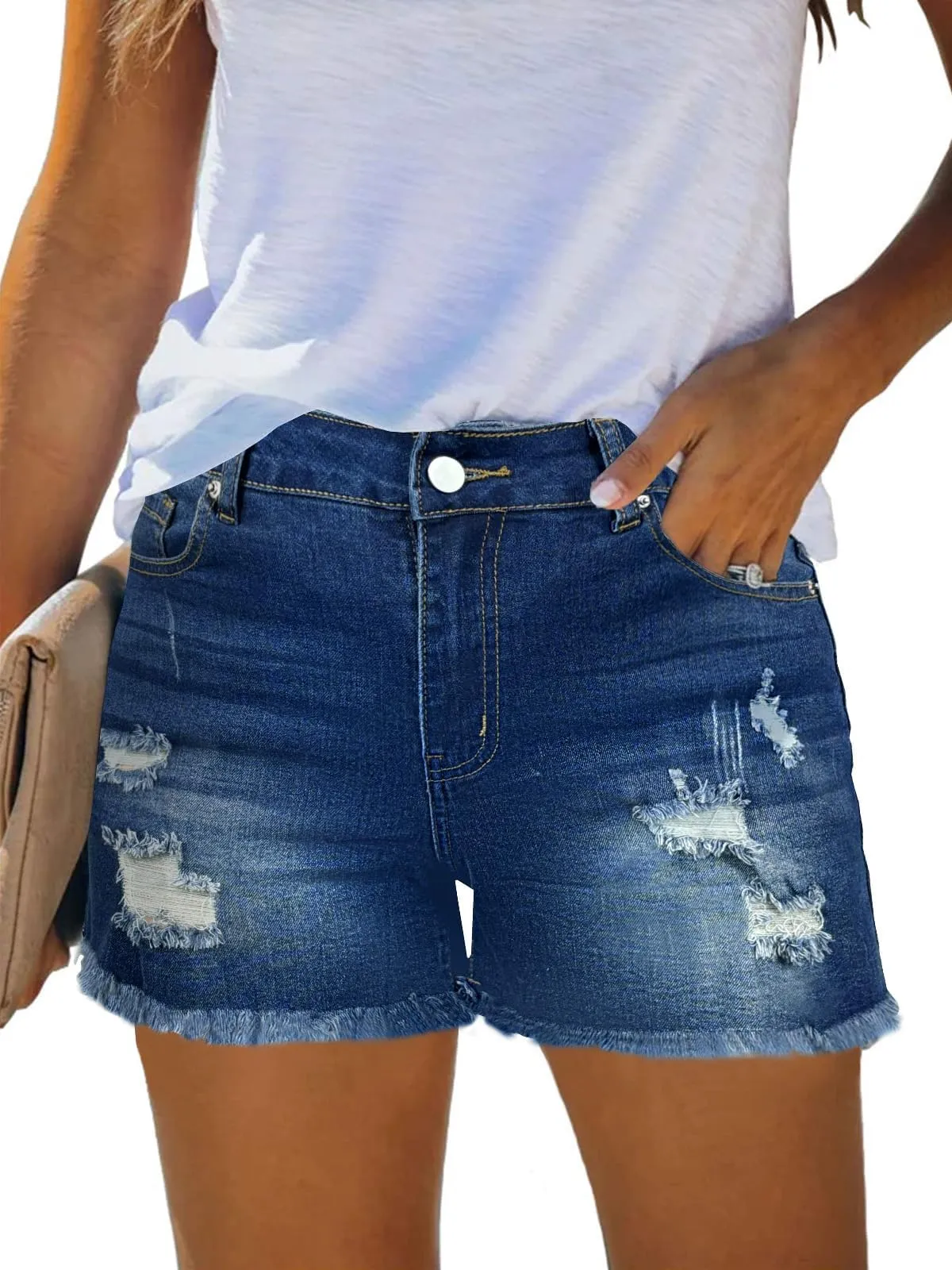 Women's Mid-High Waisted Ripped Denim Jeans Shorts Summer Short Pants sold by Good American Jeans product image thumbnail 4