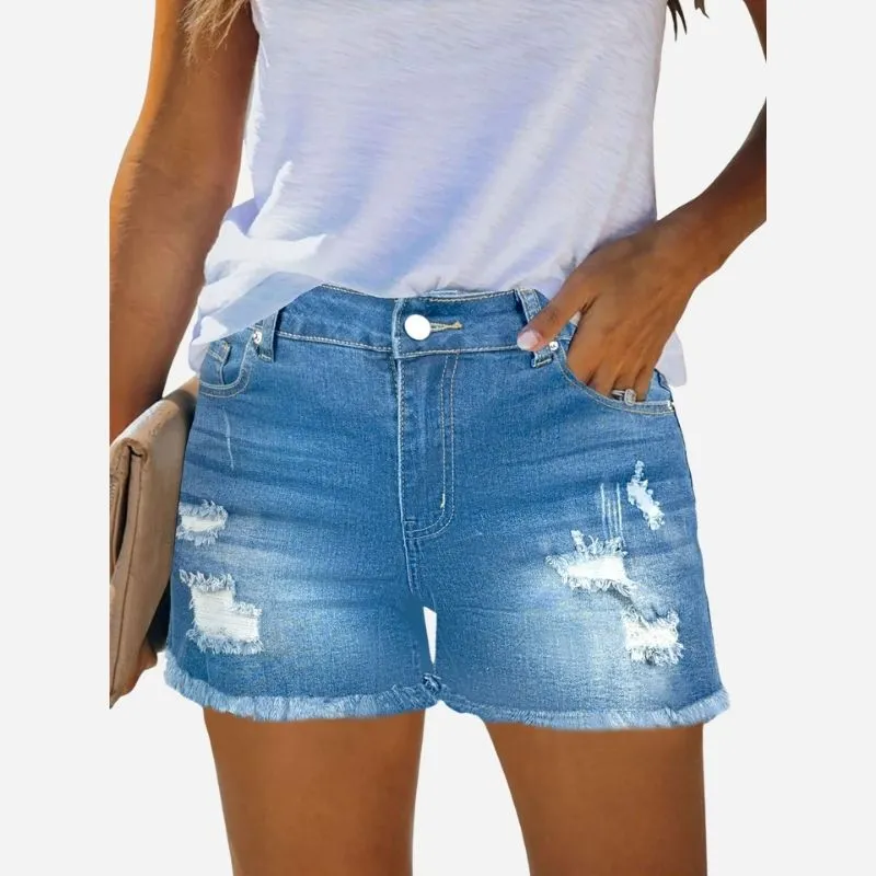 Women's Mid-High Waisted Ripped Denim Jean Shorts Summer Short Pants sold by Good American Jeans