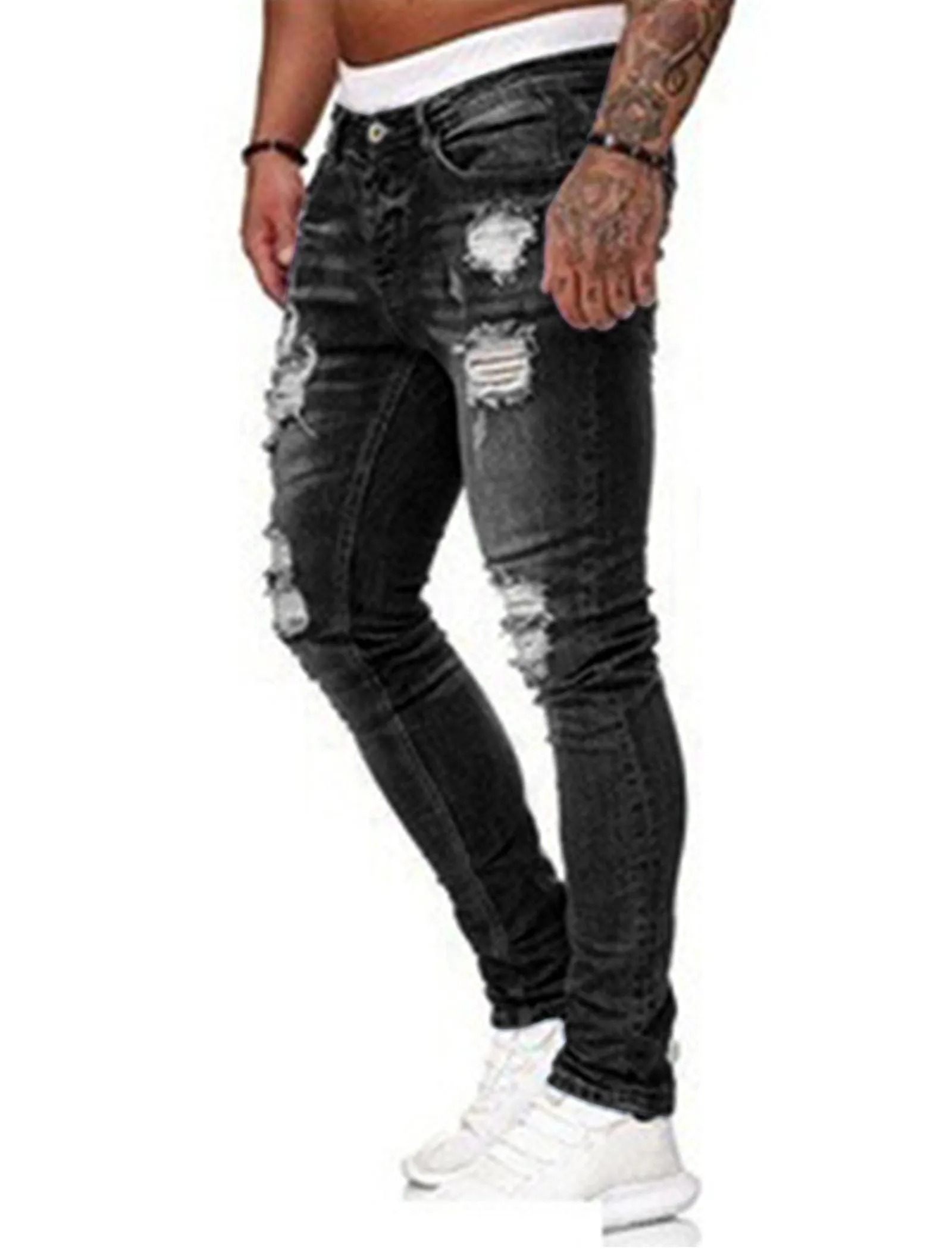Men's Destroyed Ripped Jeans Stretch Slim Fit Skinny Denim Pants sold by Good American Jeans product image thumbnail 3