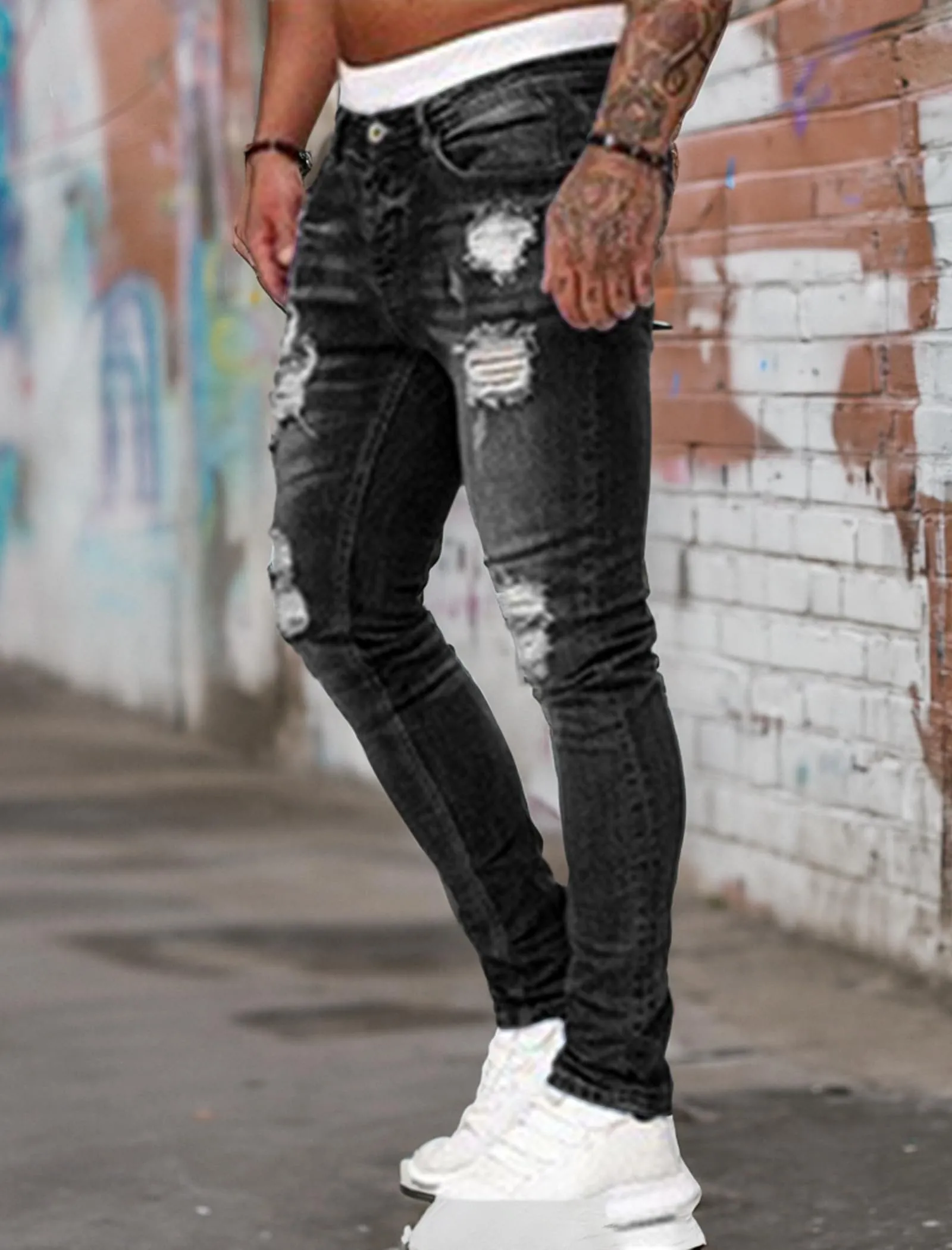 Men's Destroyed Ripped Jeans Stretch Slim Fit Skinny Denim Pants sold by Good American Jeans product image thumbnail 4