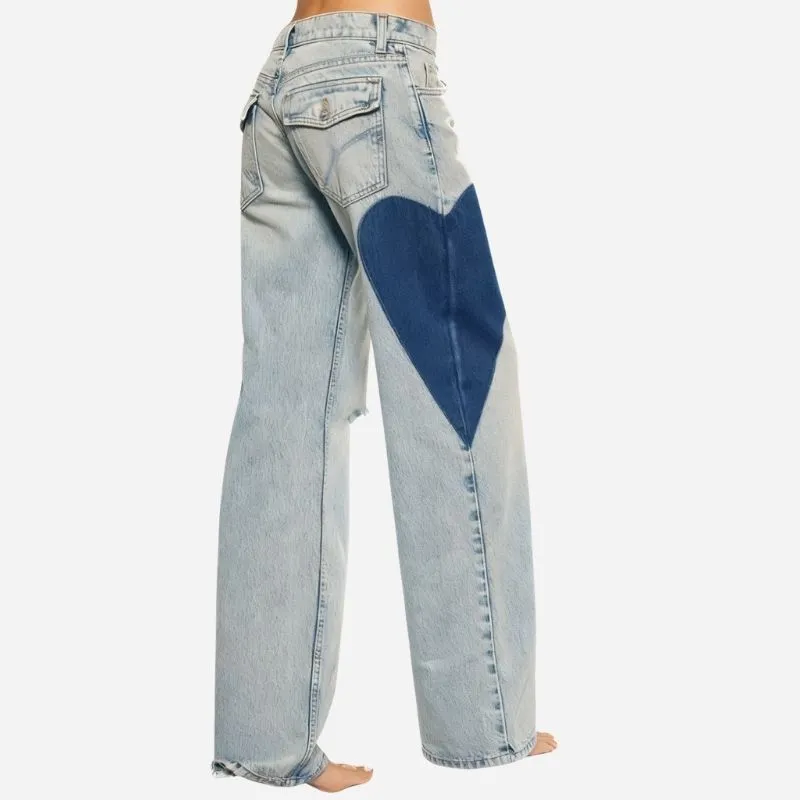 Women’s Low Waist Heart-Shaped Side Seam Baggy Jeans Straight Leg Spliced Denim sold by Good American Jeans