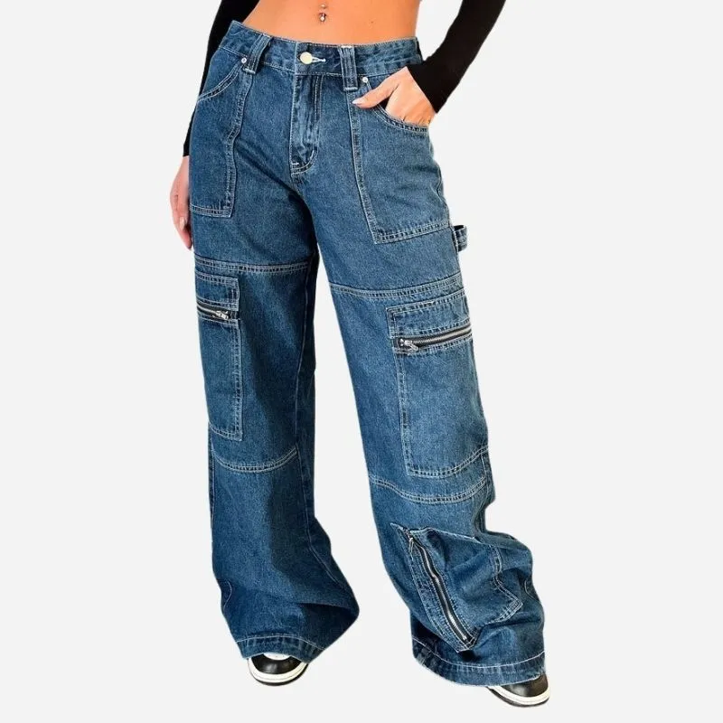Women's High Waist Stretch Cargo Jeans Baggy Wide Leg Y2K Denim Pants sold by Good American Jeans
