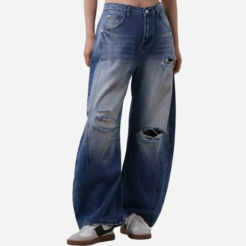 Women’s Mid Rise Wide Leg Barrel Jeans Distressed Ripped Baggy Denim sold by Good American Jeans