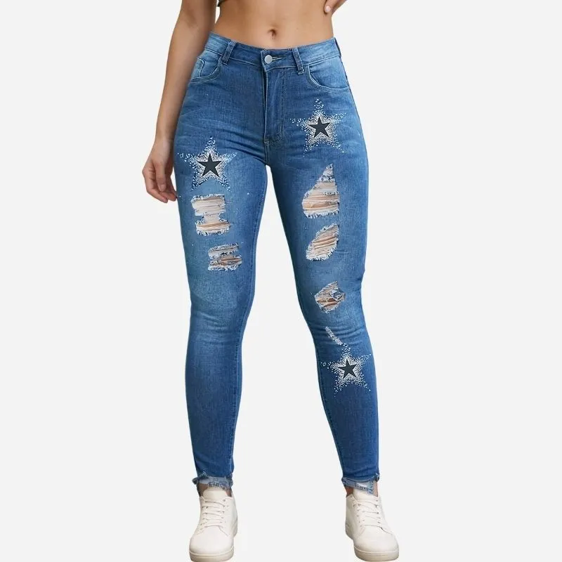 Women's Ripped Skinny Jeans Star Print Distressed Slim Fit Denim Pants made by Good American Jeans
