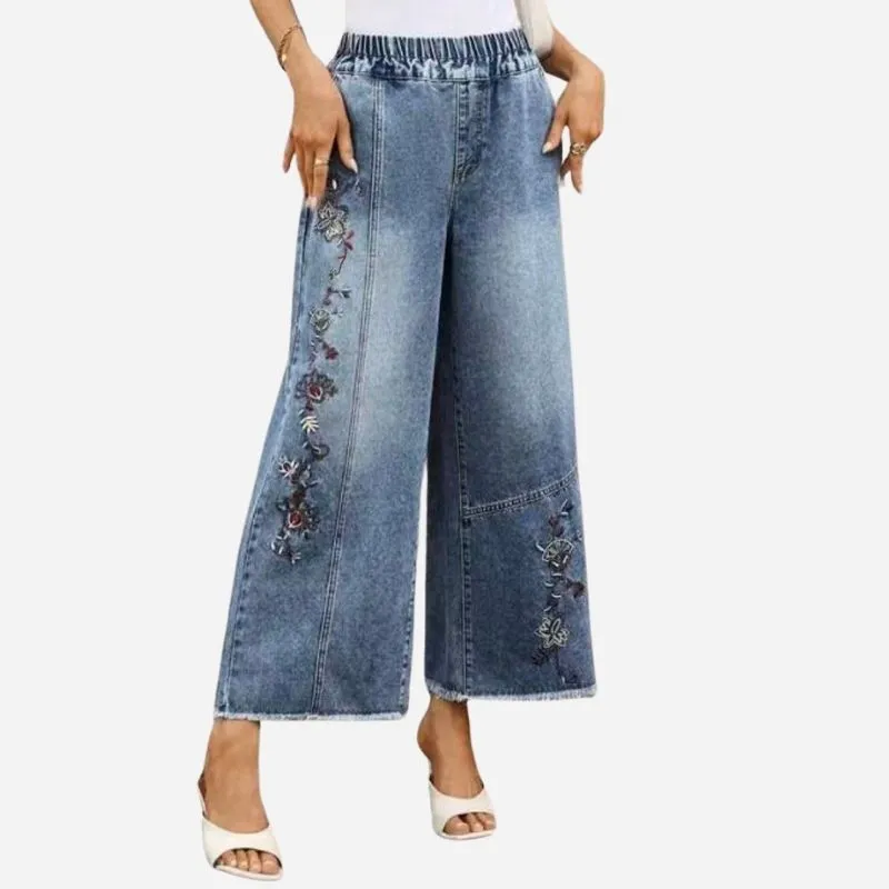 Women's Floral Embroidered Pull On Denim Straight Wide Leg Baggy Jeans sold by Good American Jeans
