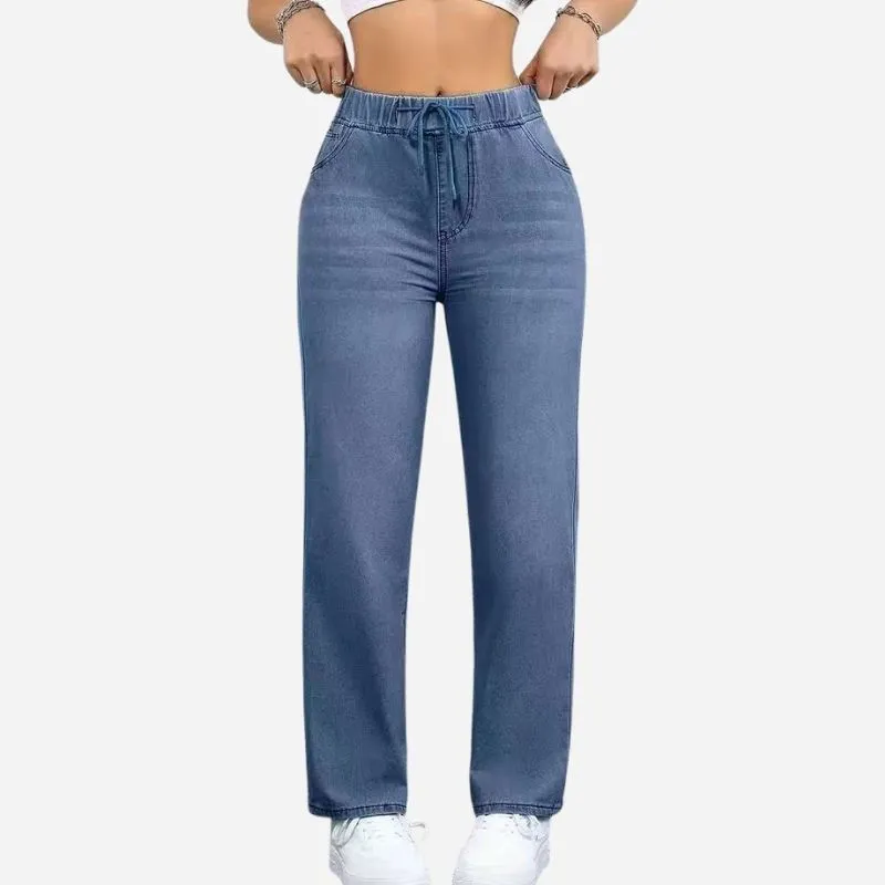 Women's High Waisted Pull On Wide Leg Stretch Drawstring Denim Pants made by Good American Jeans