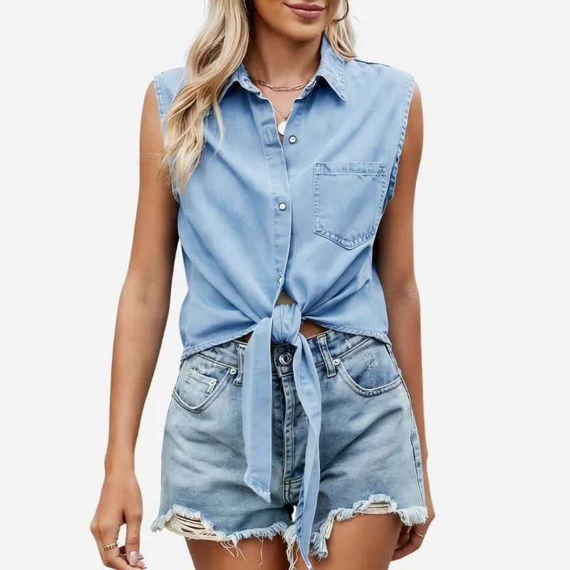 Women's Sleeveless Cropped Denim Shirt with Tie Front Jean Top sold by Good American Jeans