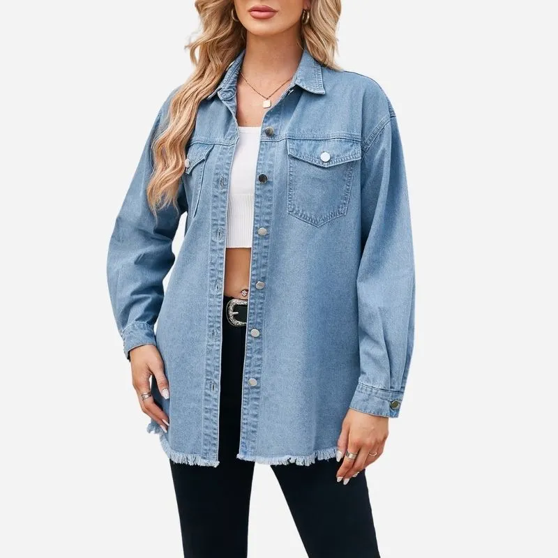 Women's Oversized Button Down Long Sleeve Denim Shirt with Frayed Hem made by Good American Jeans