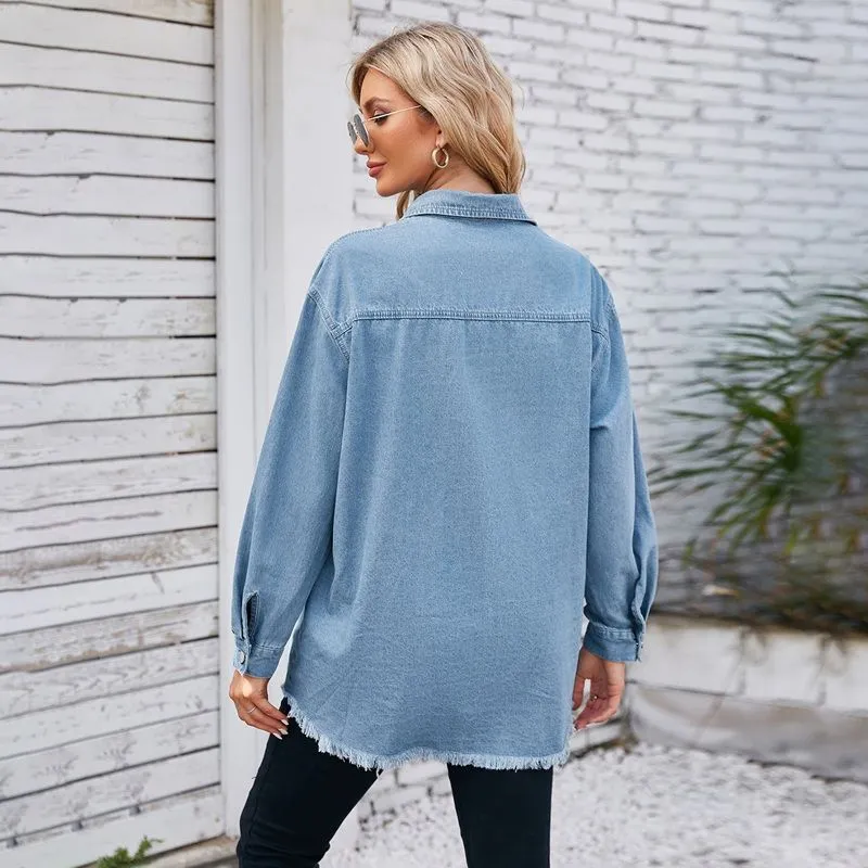 Women's Oversized Button Down Long Sleeve Denim Shirt with Frayed Hem sold by Good American Jeans product image thumbnail 2