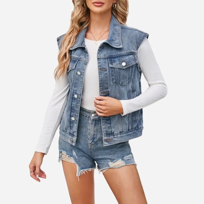 Women's Cropped Button Front Denim Vest Structured Sleeveless Style made by Good American Jeans