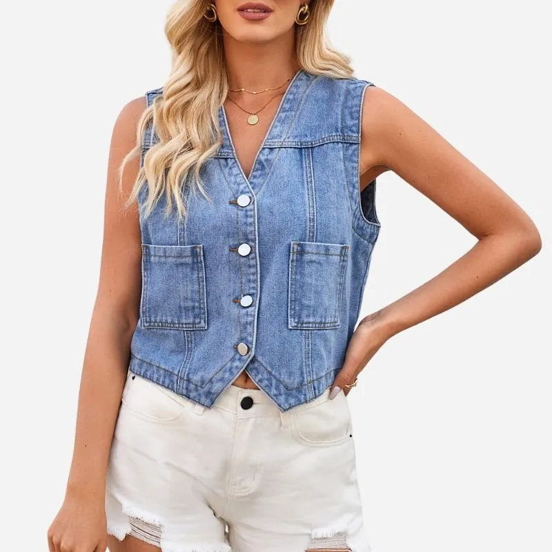 Women's V Neck Button Front Denim Vest with Pockets made by Good American Jeans