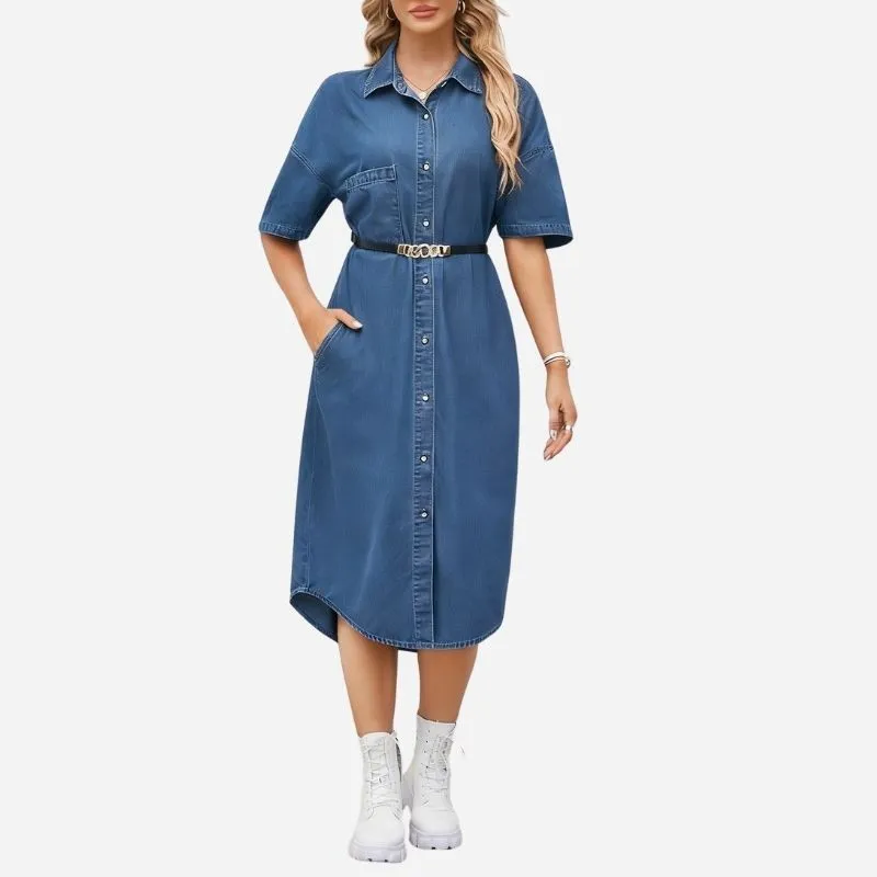 Women's Long Denim Dress Short Sleeve Button Down Front Shirt Dress made by Good American Jeans