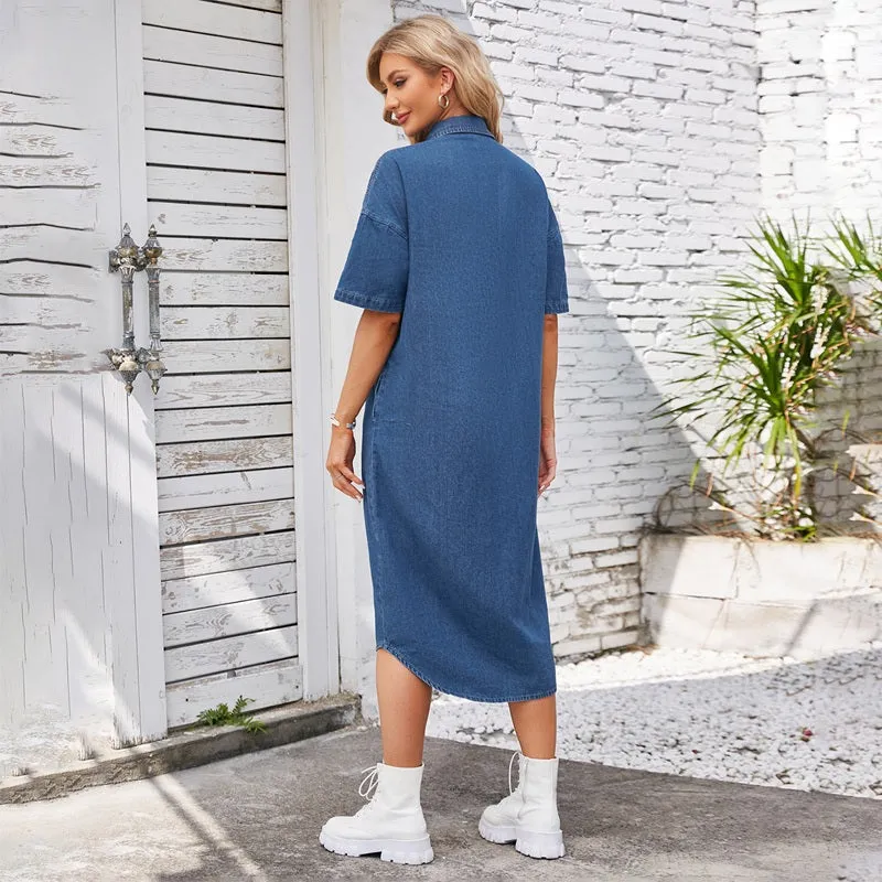 Women's Long Denim Dress Short Sleeve Button Down Front Shirt Dress sold by Good American Jeans product image thumbnail 2