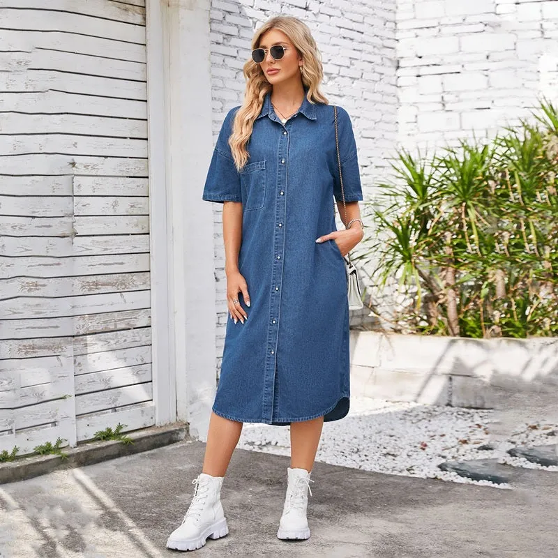 Women's Long Denim Dress Short Sleeve Button Down Front Shirt Dress sold by Good American Jeans product image thumbnail 4