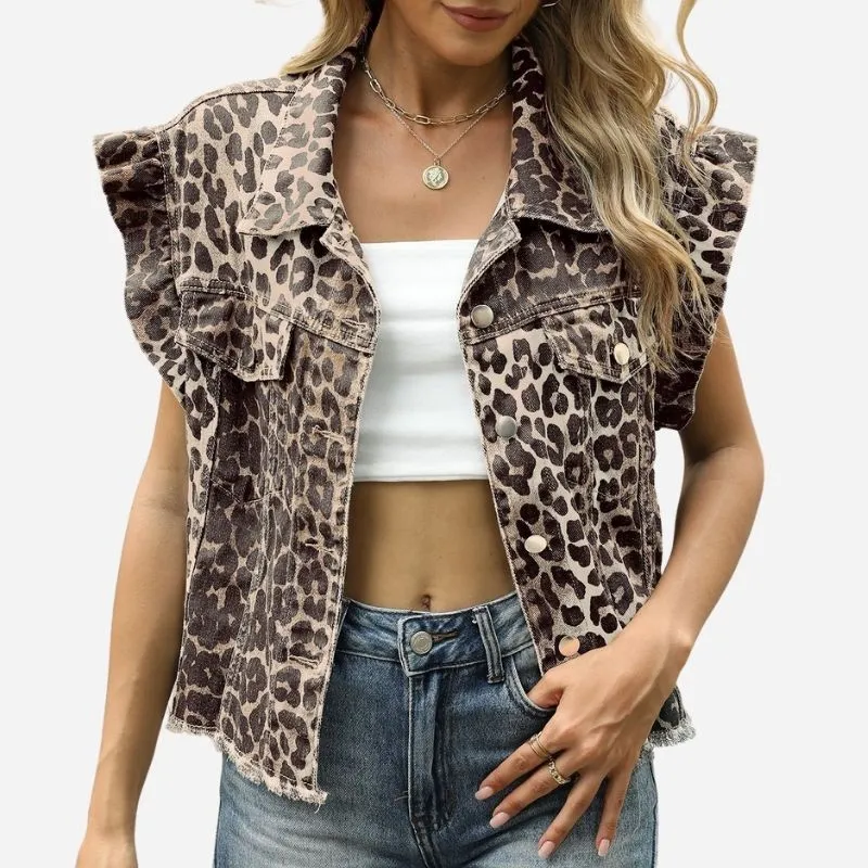 Ruffle Sleeve Denim Vest Women Button Front Jean Top with Raw Hem made by Good American Jeans