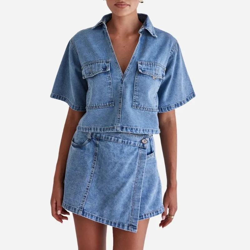 Women's Cropped Denim Shirt & High Waist Jean Skirt Two Piece Set made by Good American Jeans