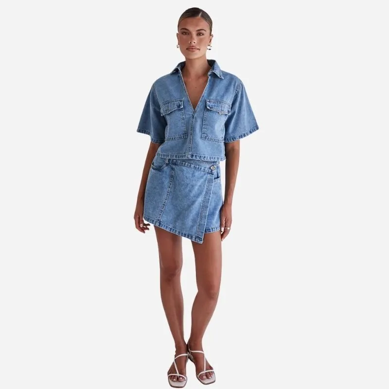 Women's Cropped Denim Shirt & High Waist Jean Skirt Two Piece Set sold by Good American Jeans product image thumbnail 3