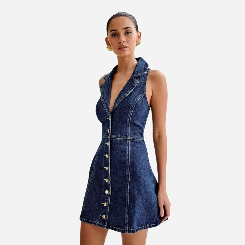 Denim Halter Mini Dress Women Y2K Sleeveless Button Down Jean Dress sold by Good American Jeans product image thumbnail 5