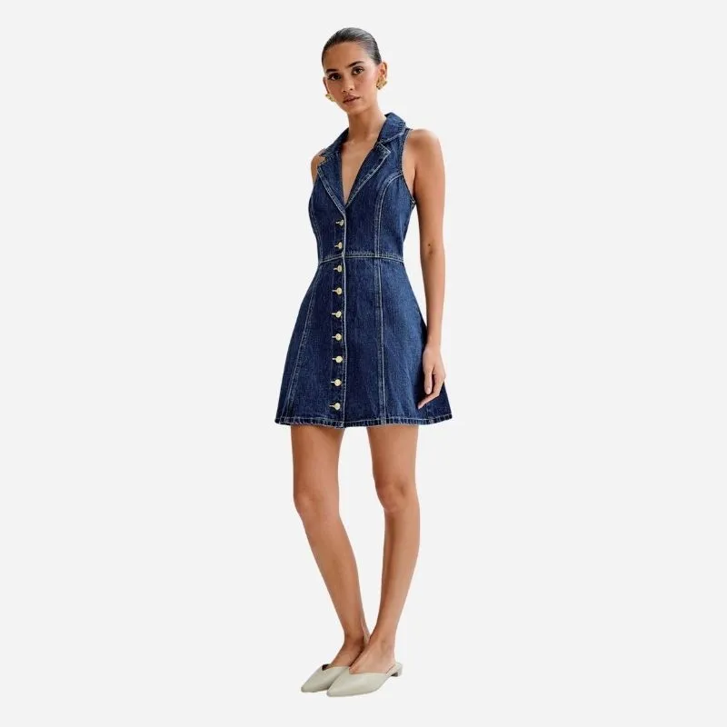 Denim Halter Mini Dress Women Y2K Sleeveless Button Down Jean Dress sold by Good American Jeans product image thumbnail 4