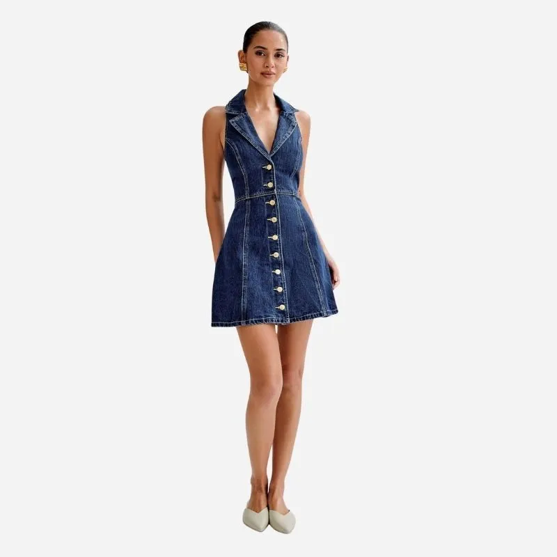 Denim Halter Mini Dress Women Y2K Sleeveless Button Down Jean Dress sold by Good American Jeans product image thumbnail 3