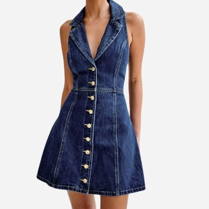 Denim Halter Mini Dress Women Y2K Sleeveless Button Down Jean Dress sold by Good American Jeans