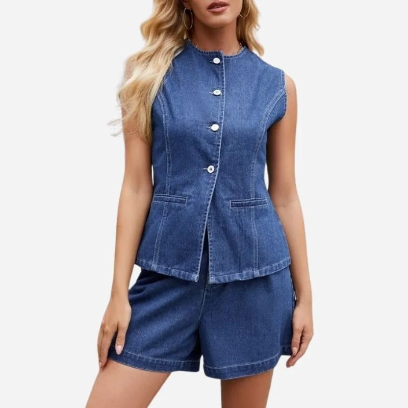Women‘s Sleeveless Denim Vest and Shorts Set Button Front Outfit made by Good American Jeans