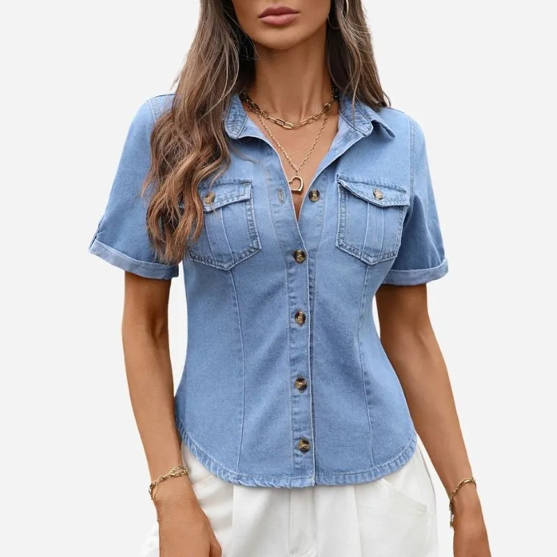 Fitted Short Sleeve Denim Shirt Women Button Down Slim Fit Jean Blouse sold by Good American Jeans