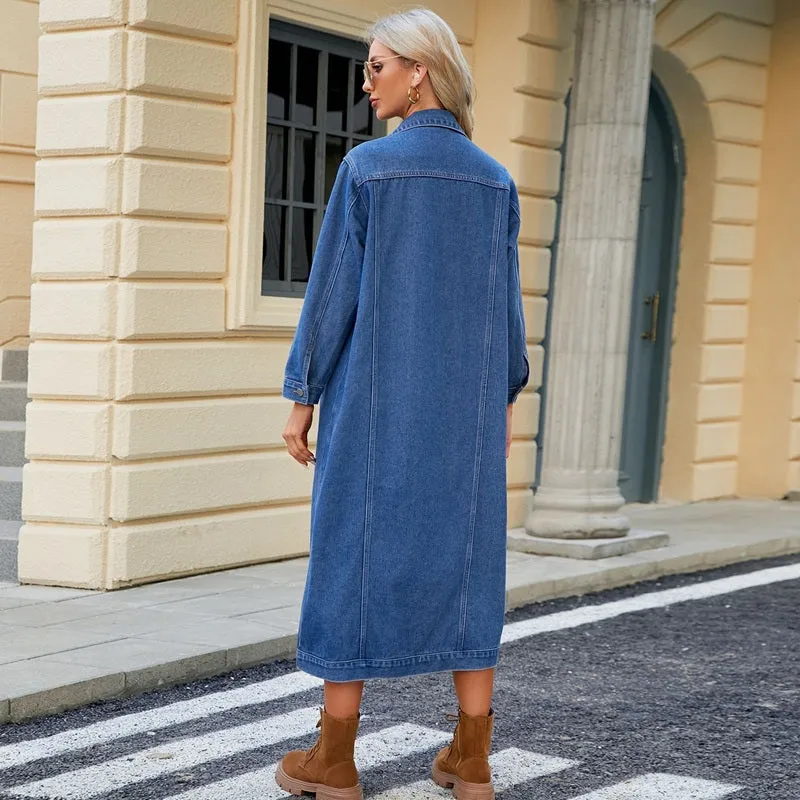 Women's Long Denim Jacket Button Down Trench Duster Jean Coat Streetwear sold by Good American Jeans product image thumbnail 2